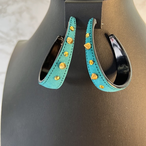 2 3/4 inch Earrings-Fabulous Statement Teal Studded TearDrop Hoop Faux Suede - Picture 7 of 9